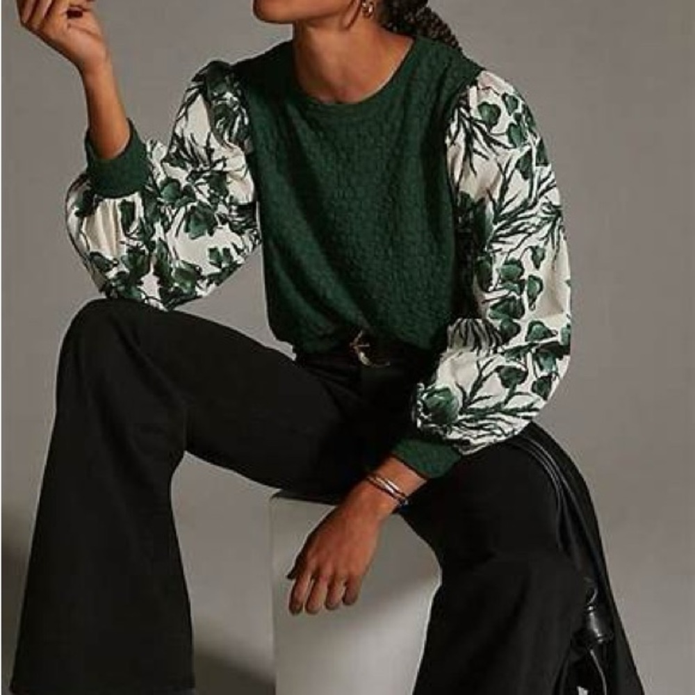 Anthropologie Teal Textured Sweatshirt with Floral Sleeves - Picture 5 of 5